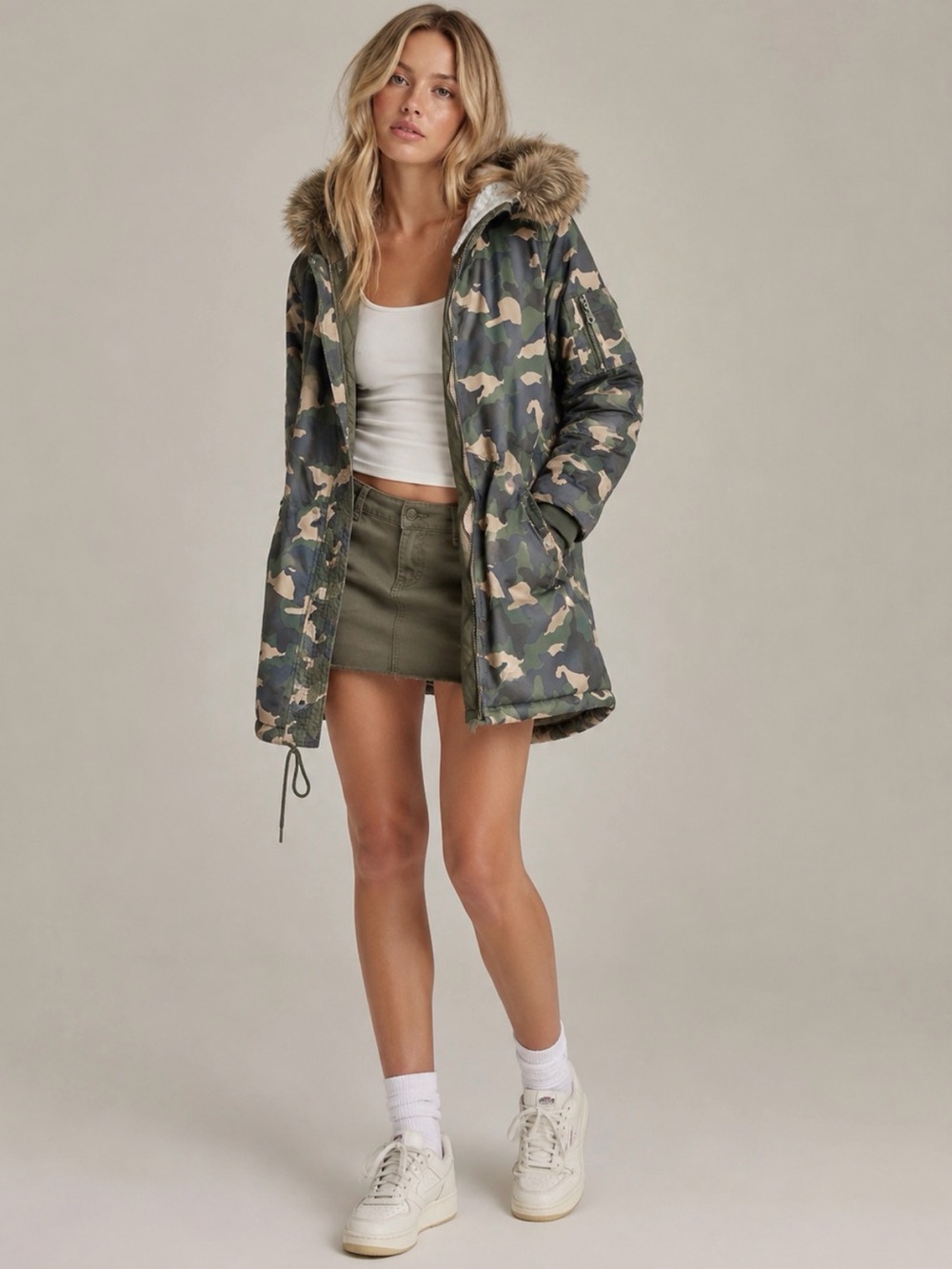 H&M Camo Faux Fur Hood Parka Jacket Women 12 Military Utility All Seasons Coat
